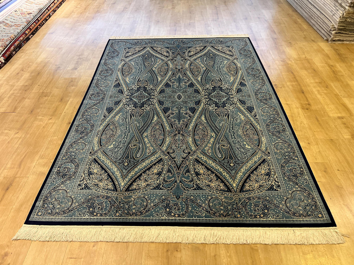 5x8 ft Silk Rug, Blue Tones with Timeless Motifs, Luxury Classic Silk Carpet