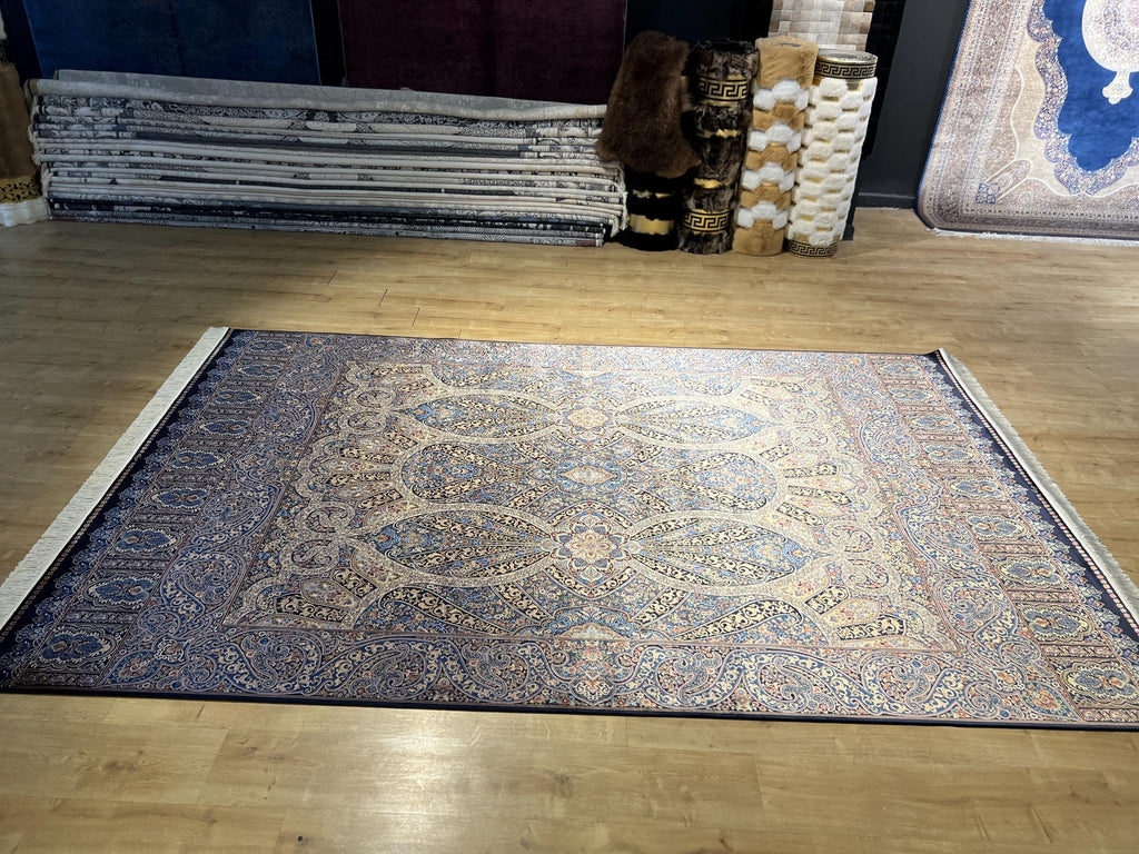 7x10 ft Blue Gold Silk Rug, Classic Turkish Carpet, Luxury Floral Design, Area Rug