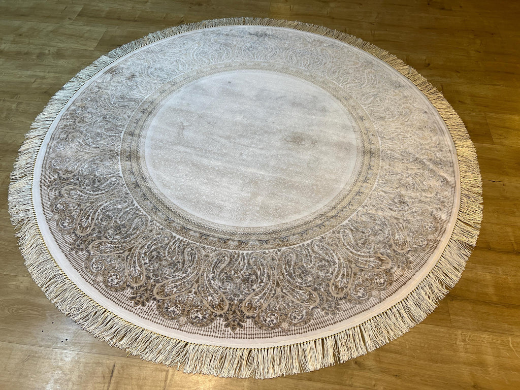 5x5 Ft Round Cream Gold Silk Rug, Classic Luxury Rug