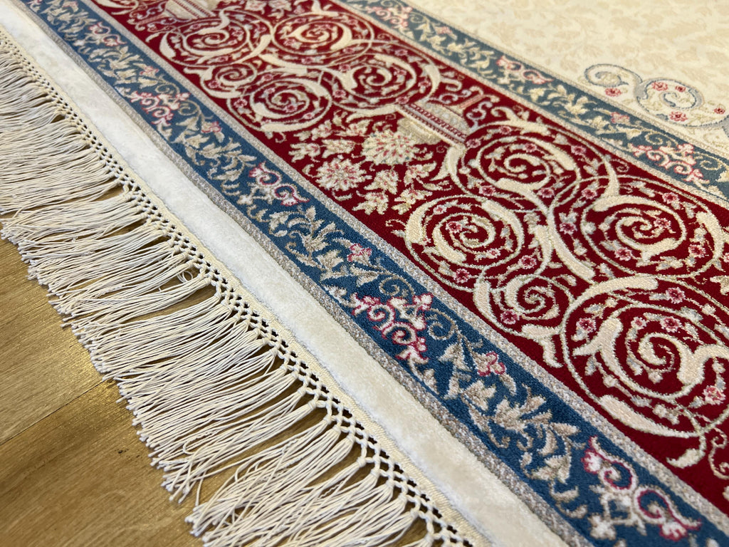 7x10 ft Cream Silk Rug with Red Blue Medallion and Border