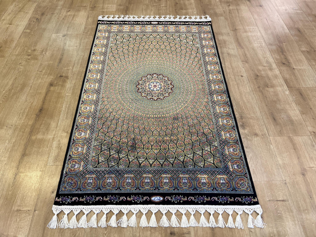 Black Gold Modal Silk Rug, Turkish Table Decor (2x3 ft)
