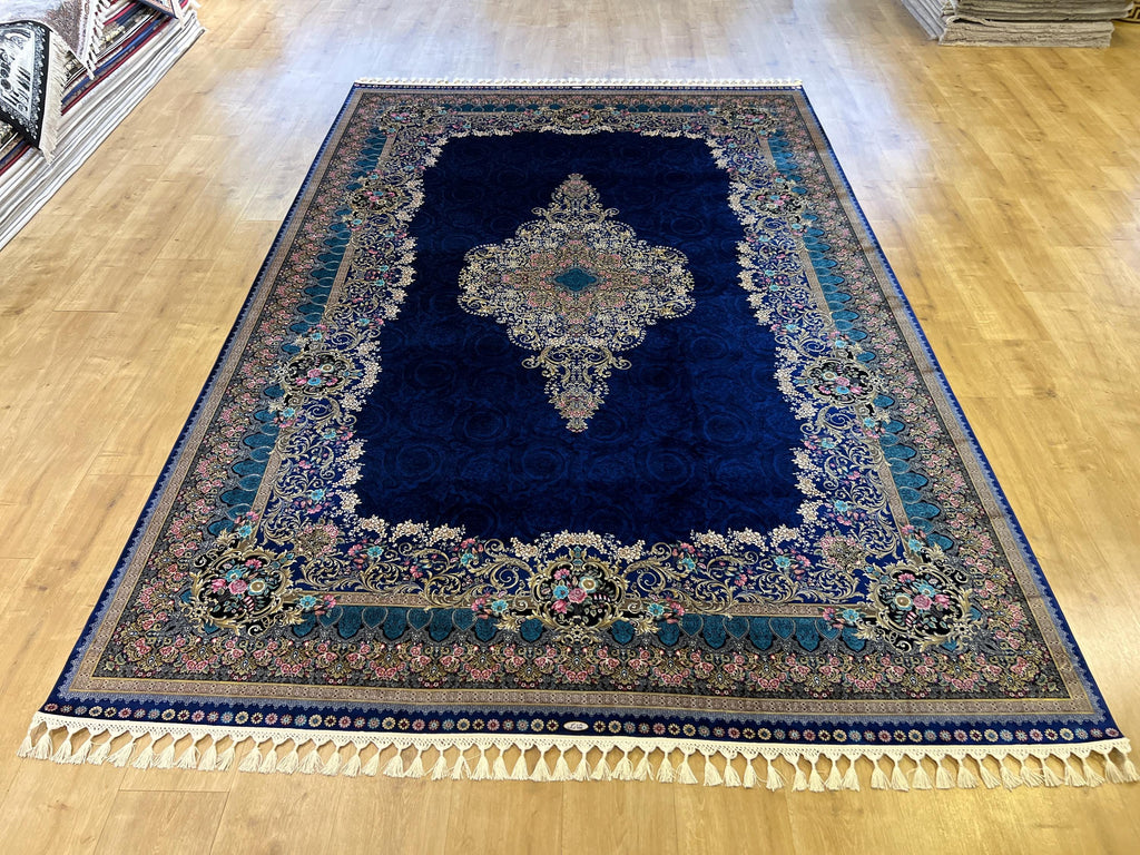 7x10 ft Navy Blue Silk Rug with Floral Medallion, Classic Turkish Style