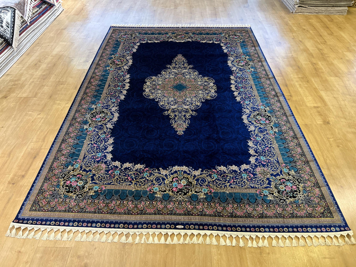 7x10 ft Navy Blue Silk Rug with Floral Medallion, Classic Turkish Style
