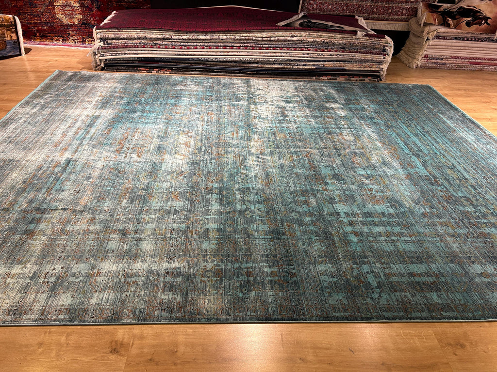 10x13 ft Turquoise Bamboo Rug, Distressed Pattern, Modern Rug