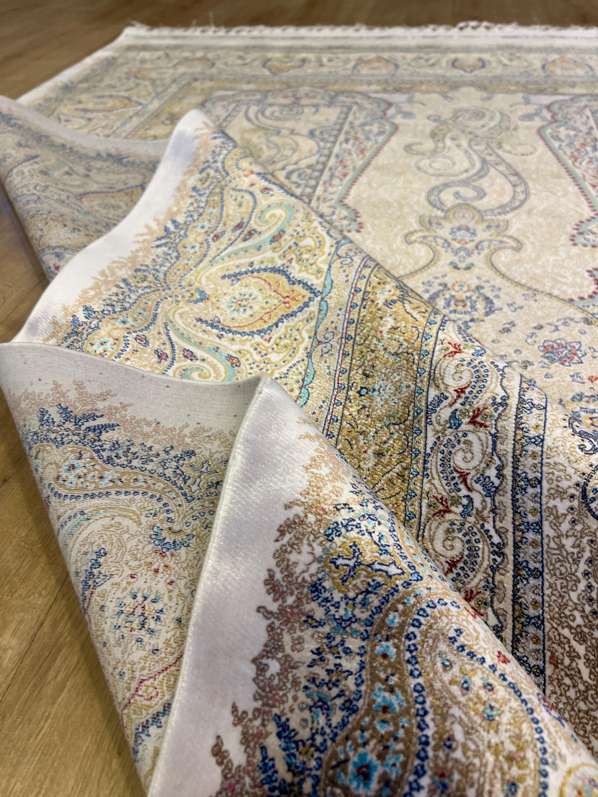 Blue Gold Silk Rug, Medallion Design Classic Silk Carpet