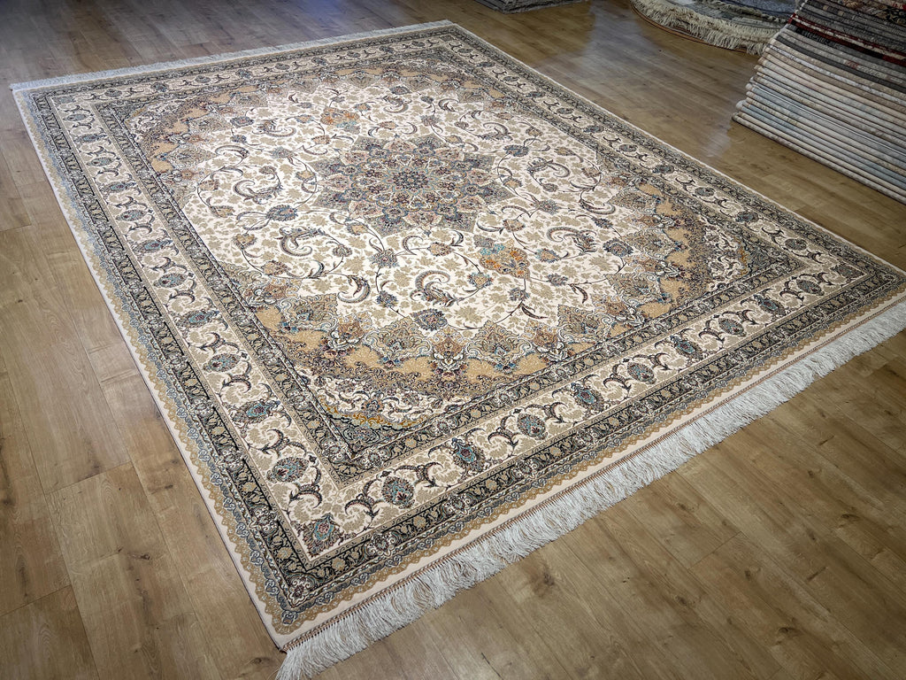 8x10ft Beige Floral Silk Rug, Classic Medallion Oriental Area Rug, Living Room Carpet