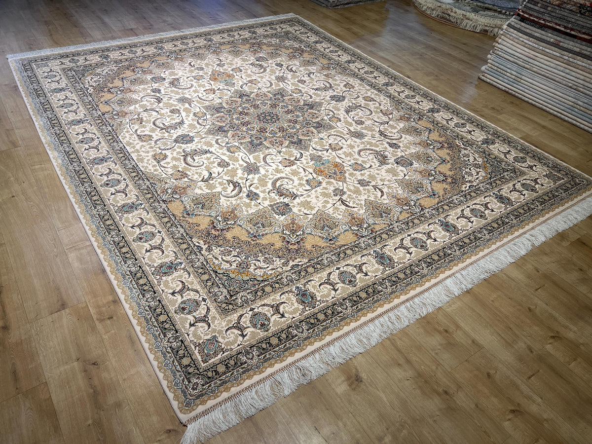 8x10ft Beige Floral Silk Rug, Classic Medallion Oriental Area Rug, Living Room Carpet