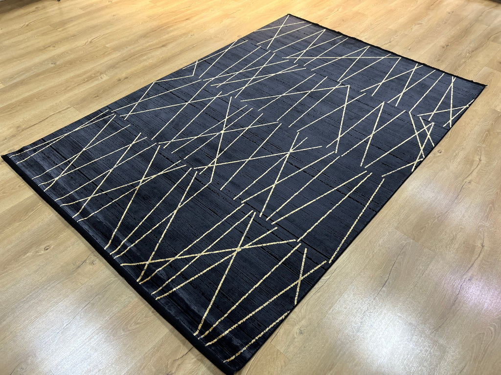 Modern Turkish Black Rug, Bamboo Acrylic, 5x8 ft
