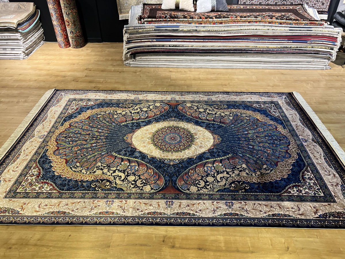 7x10 ft Navy Silk Rug with Peacock Medallion, Classic Luxury Design