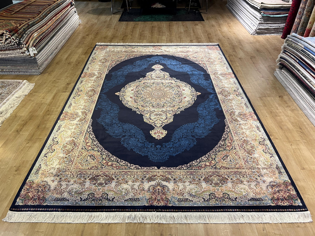 Navy Blue Modal Silk Rug 8x11, Turkish Palace Style