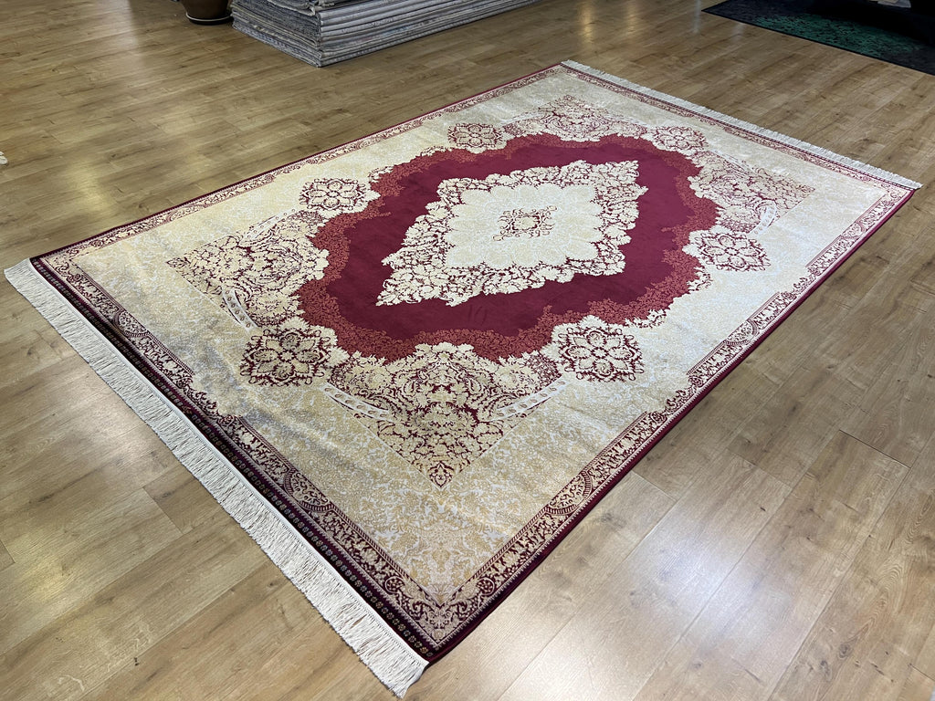 7x10 ft Red Silk Rug with Gold Medallion – Classic Turkish Style Luxury Carpet