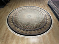 Black Gold Round Silk Rug, Classic Turkish Style Carpet, Medallion Design