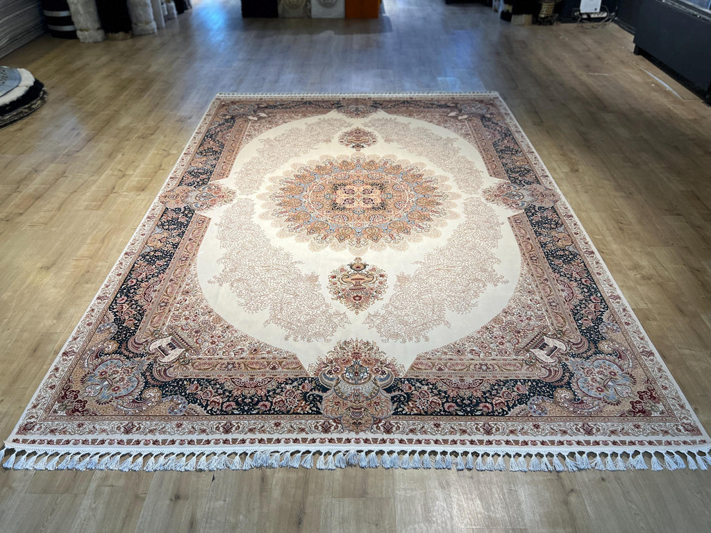 Cream Blue Silk Rug, Turkish Ottoman Style, 8x11 ft