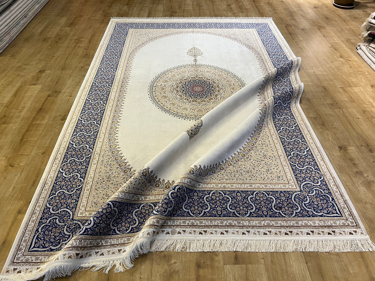 7x10 ft Ivory Silk Rug, Navy Border with Gold Medallion Design