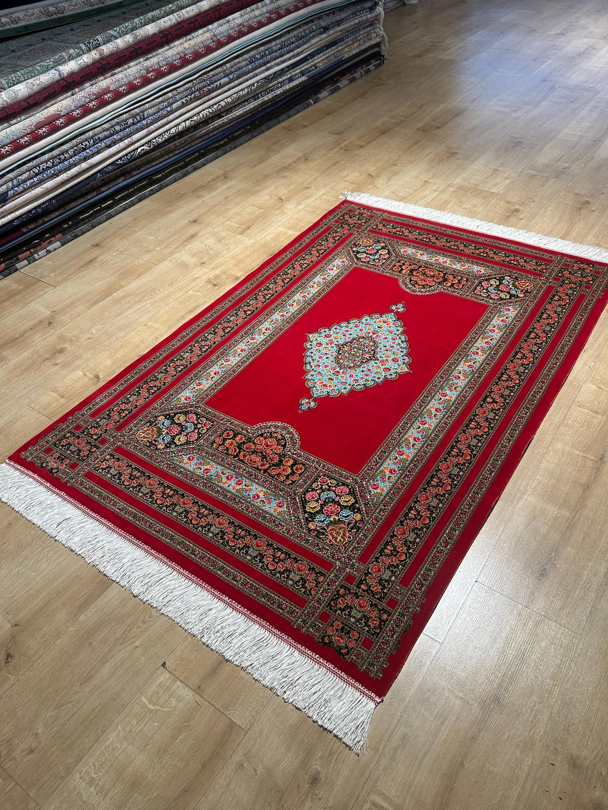 Red Silk Rug, Floral Medallion and Border Design Classic Luxury Silk Carpet
