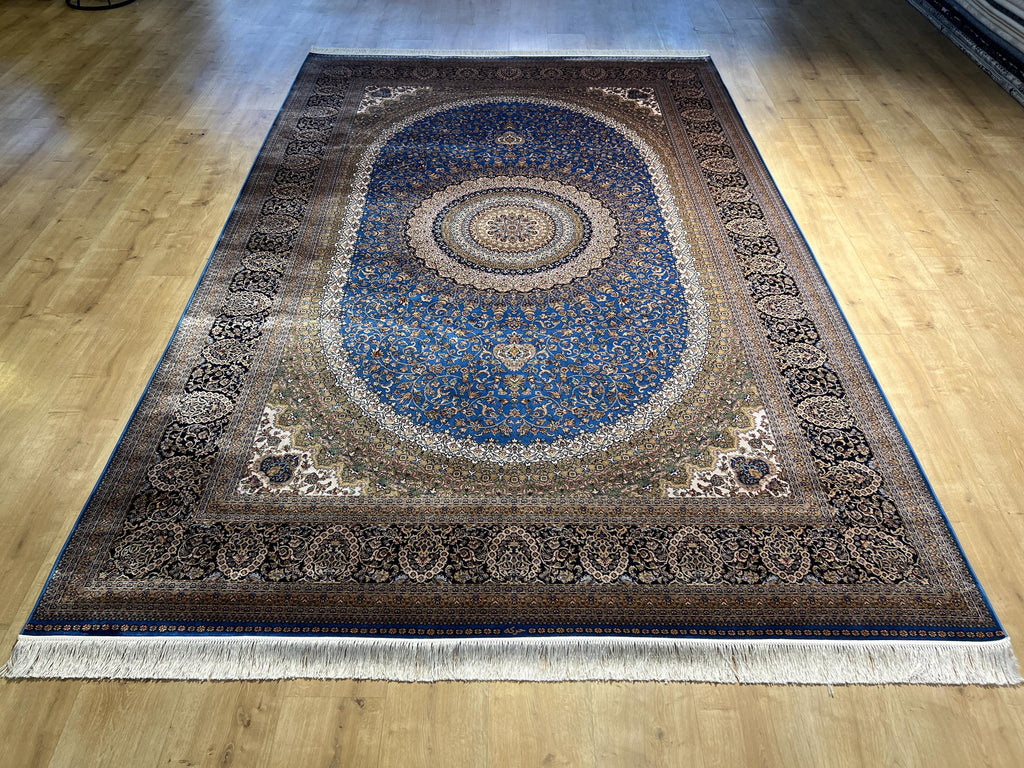 Blue Silk Rug 7x10 ft, Medallion Design Classic Turkish Carpet