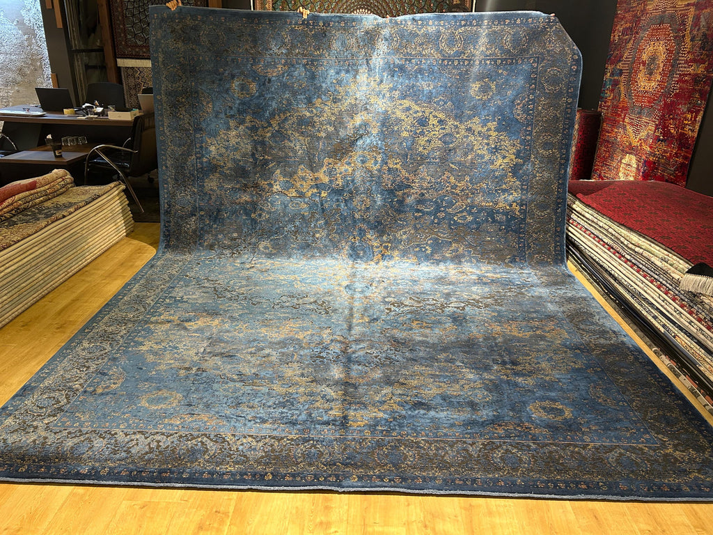 10x13 ft Blue Gold Gray Bamboo Rug, Distressed Pattern, Modern Rug