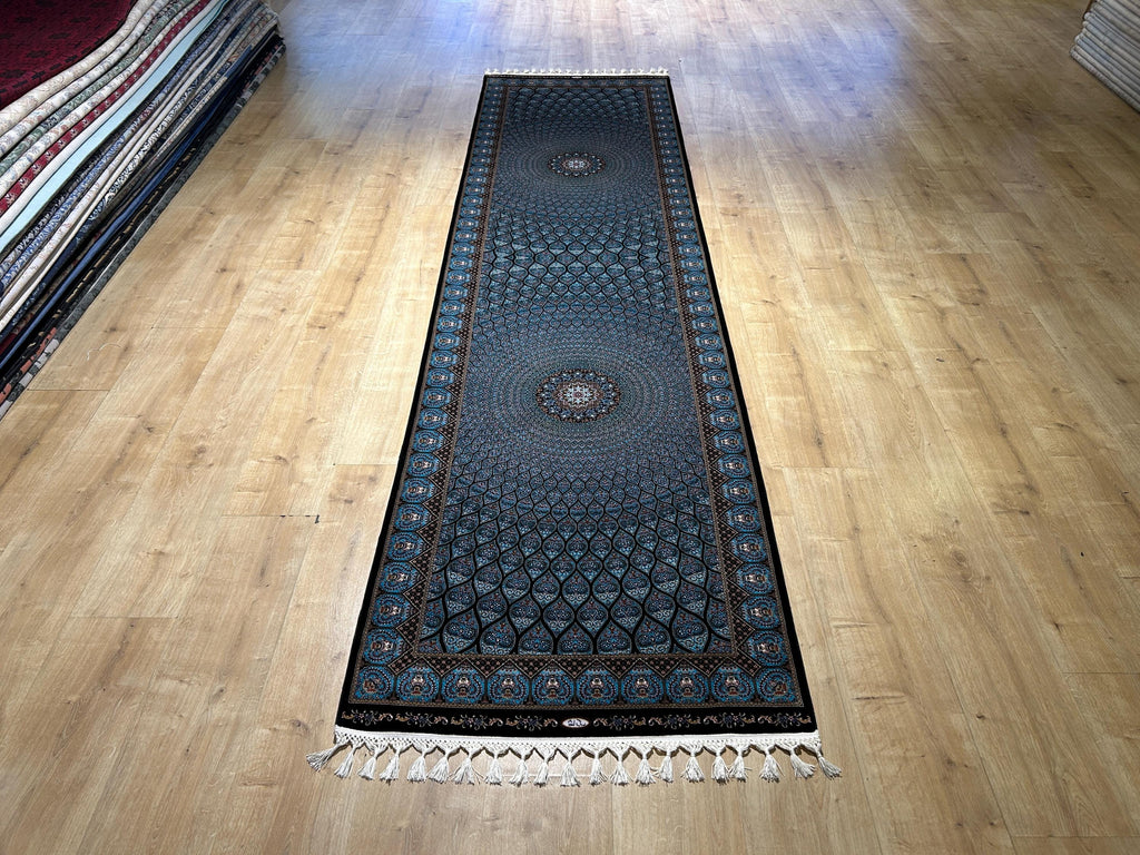 Blue Black Silk Runner Rug, Medallion Peacock Tail Design Rug, Traditional Carpet