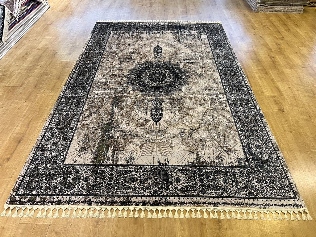 Cream Silk Rug, Grey Border Antique Medallion Classic Design