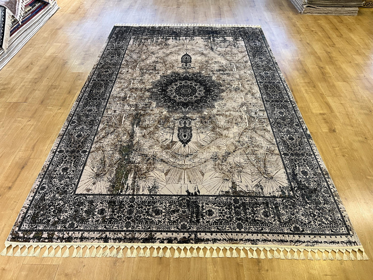 Cream Silk Rug, Grey Border Antique Medallion Classic Design