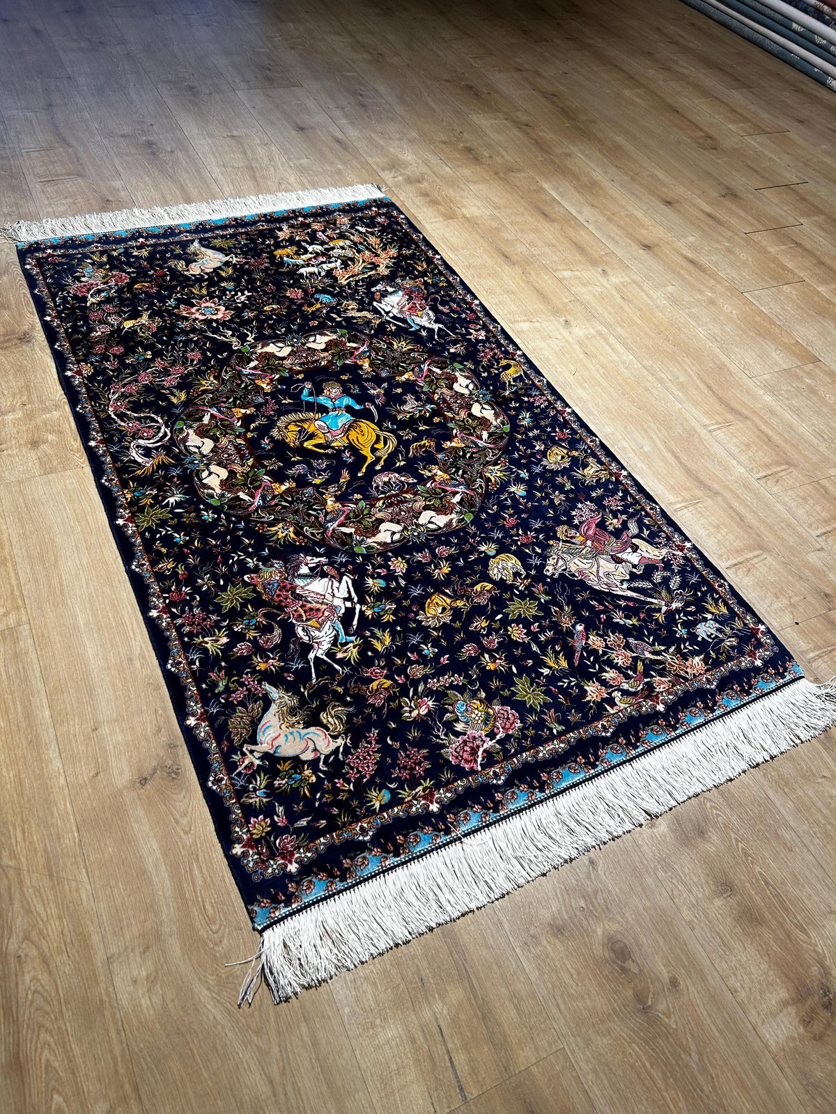 Blue Decorative Silk Tapestry Rug With Art Motifs, Floral Design