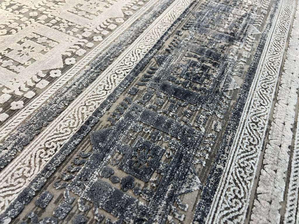 10x13 ft Gray Traditional Ethnic Geometric Bamboo Rug with Border