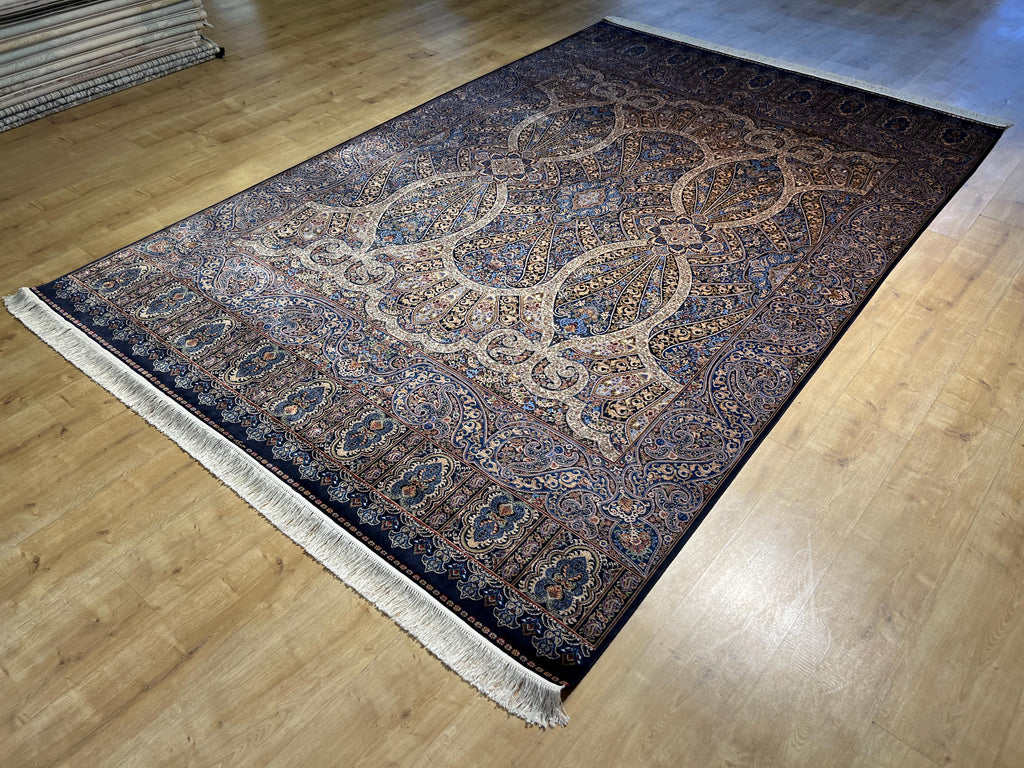 7x10 ft Blue Gold Silk Rug, Classic Turkish Carpet, Luxury Floral Design, Area Rug