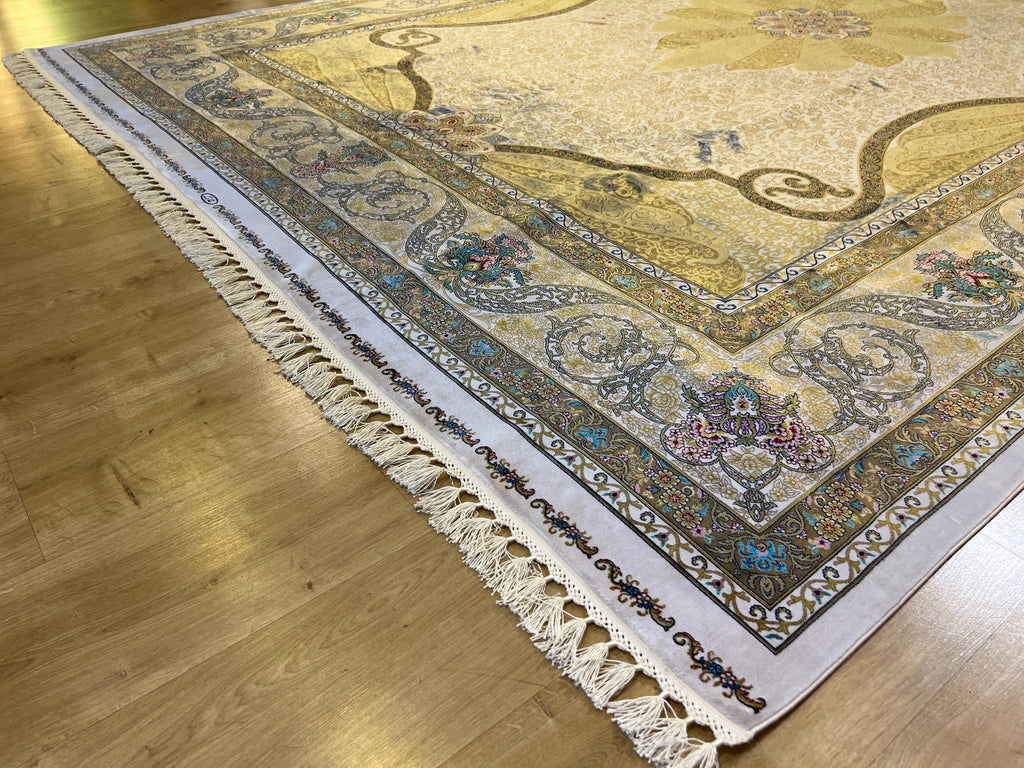 Gold Ivory Modal Silk Rug 8x11 ft, Medallion Design