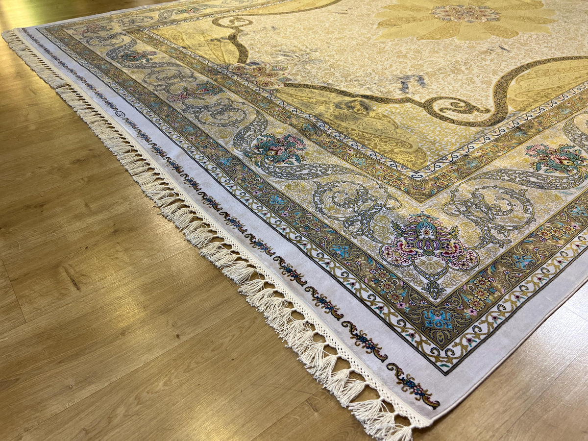 Gold Ivory Modal Silk Rug 8x11 ft, Medallion Design