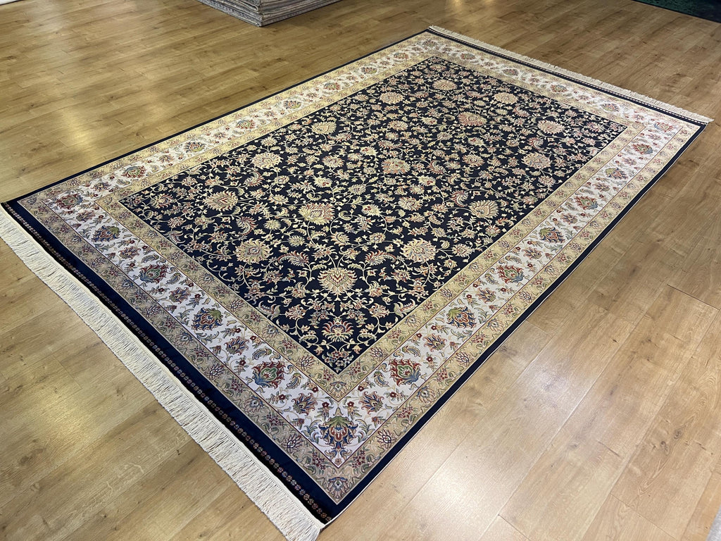 7x10 ft Navy Blue Silk Rug, Traditional Floral Carpet