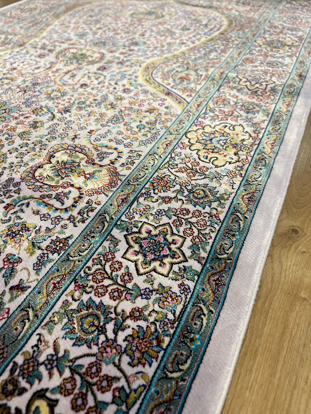2.62X4.10 ft Ivory Silk Prayer Rug, Green Gold Floral Design, Muslim Prayer Mat
