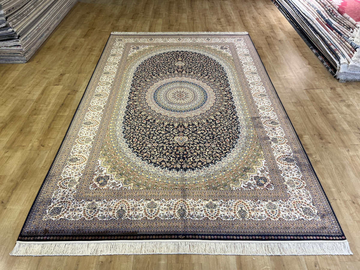 Dark Blue Silk Turkish Rug, 7x10 ft, Medallion Rug, Living Room Carpet