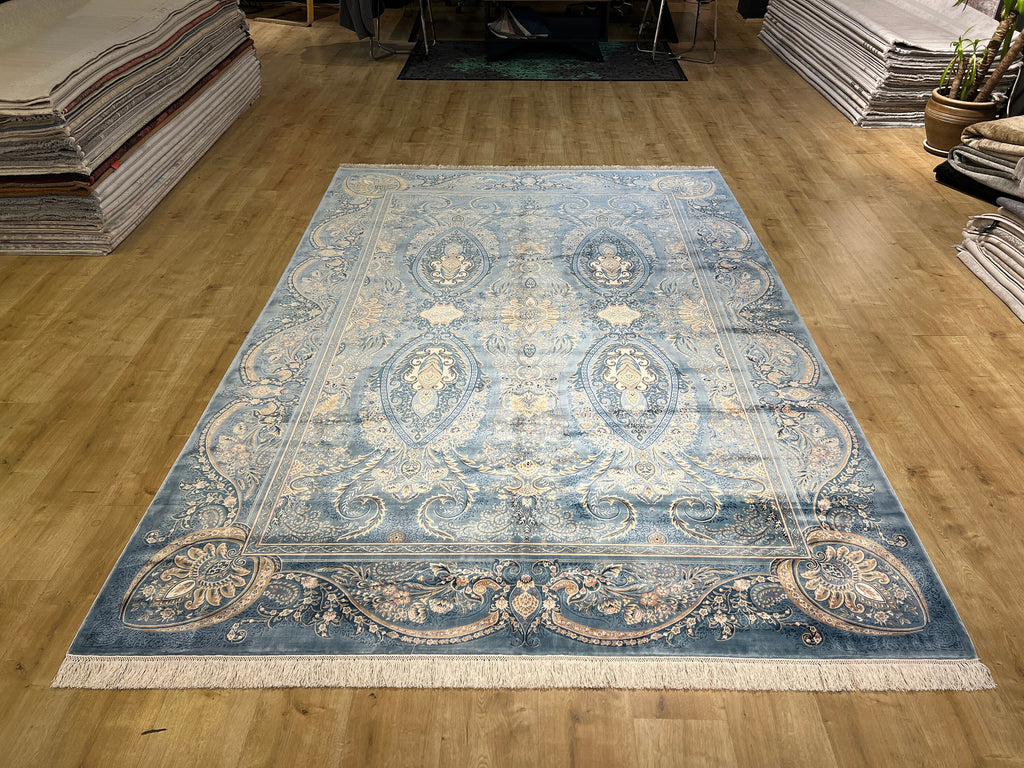 7x10 ft Blue Classic Turkish Style Silk Area Rug with Elegant Luxury Design