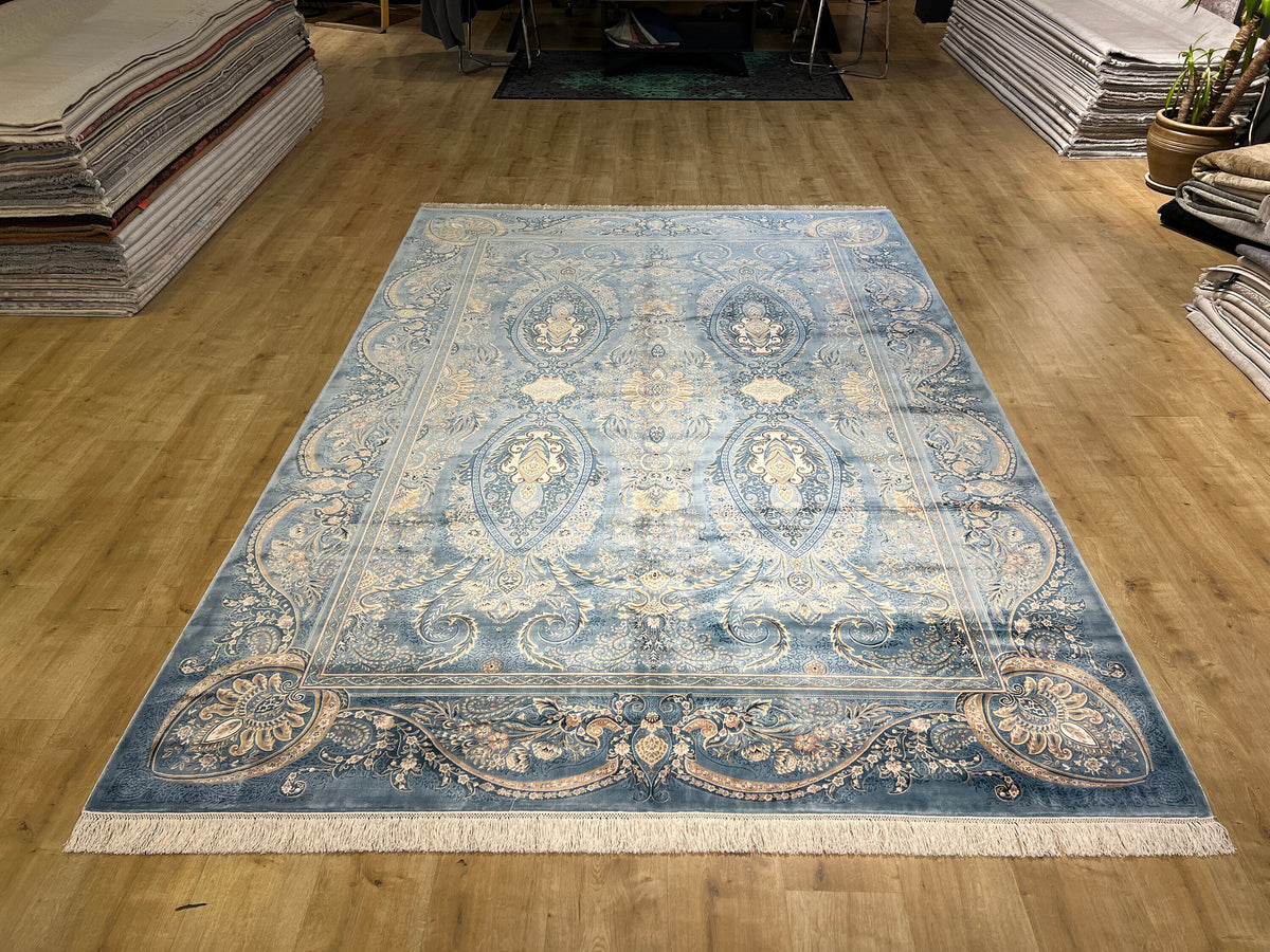 7x10 ft Blue Classic Turkish Style Silk Area Rug with Elegant Luxury Design