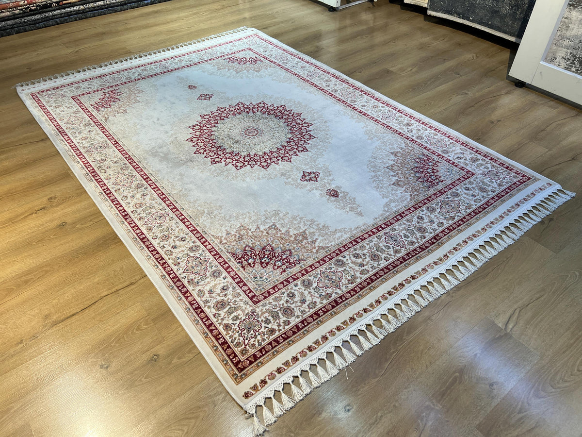 5x8 ft Ivory Bamboo Silk Rug, Red Medallion Classic Turkish Carpet