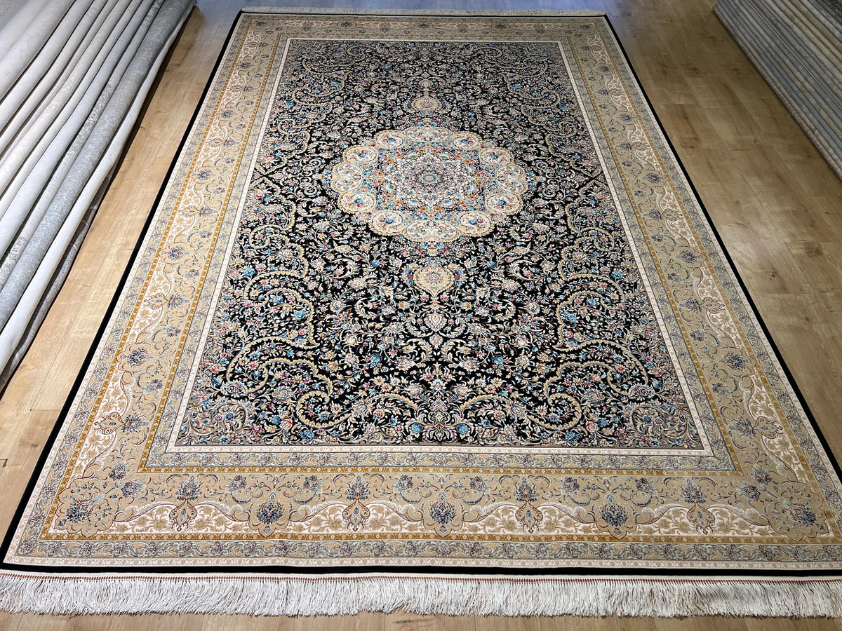 7x10ft Dark Blue Floral Silk Rug, Classic Medallion Oriental Area Rug, Living Room Carpet