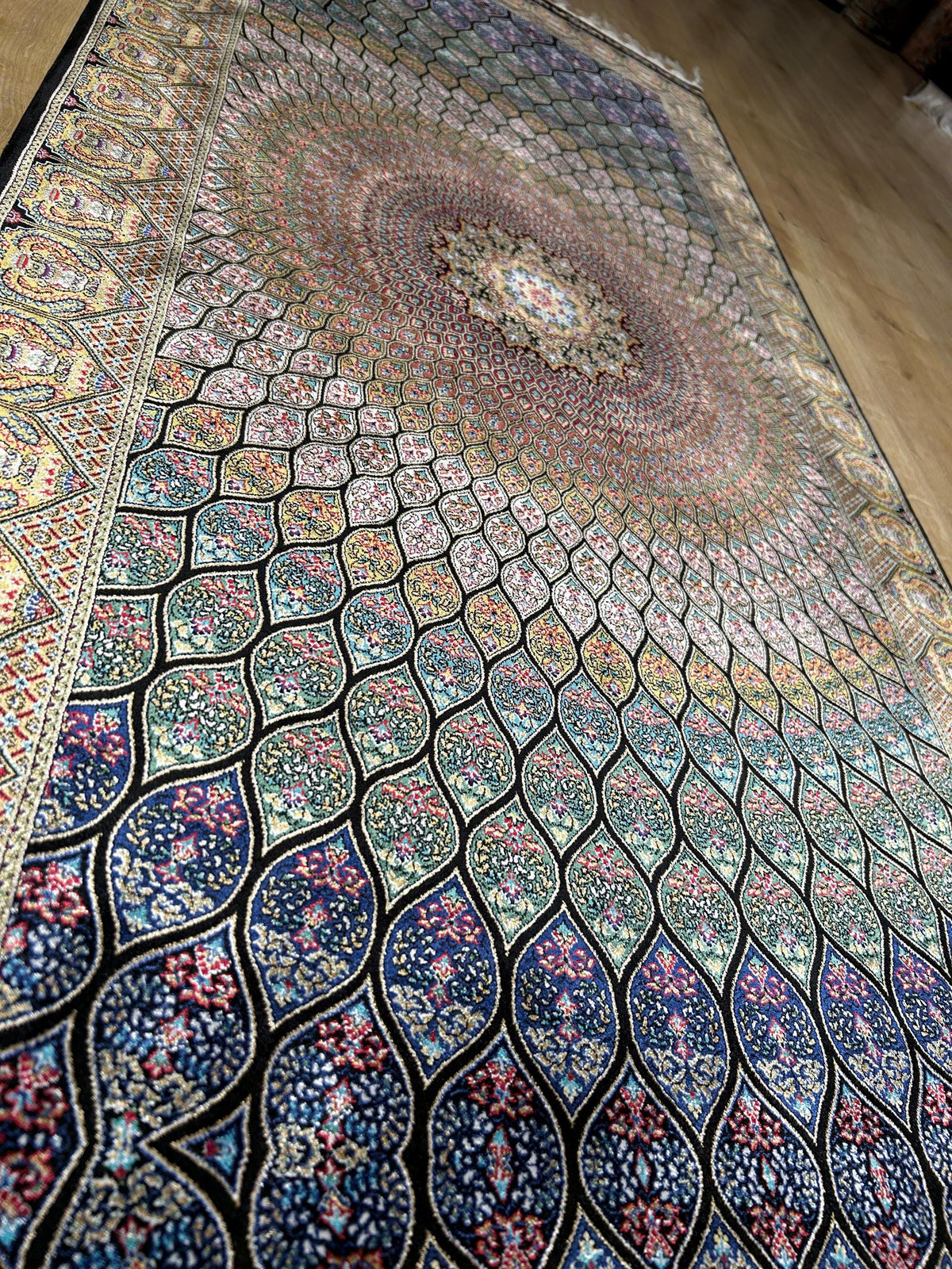 Blue Gold Silk Runner Rug, Medallion Peacock Tail Design Rug, Traditional Carpet