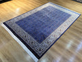 5x8 ft Navy Blue Silk Rug, Floral Border Design, Turkish Style Carpet, Luxury Rug
