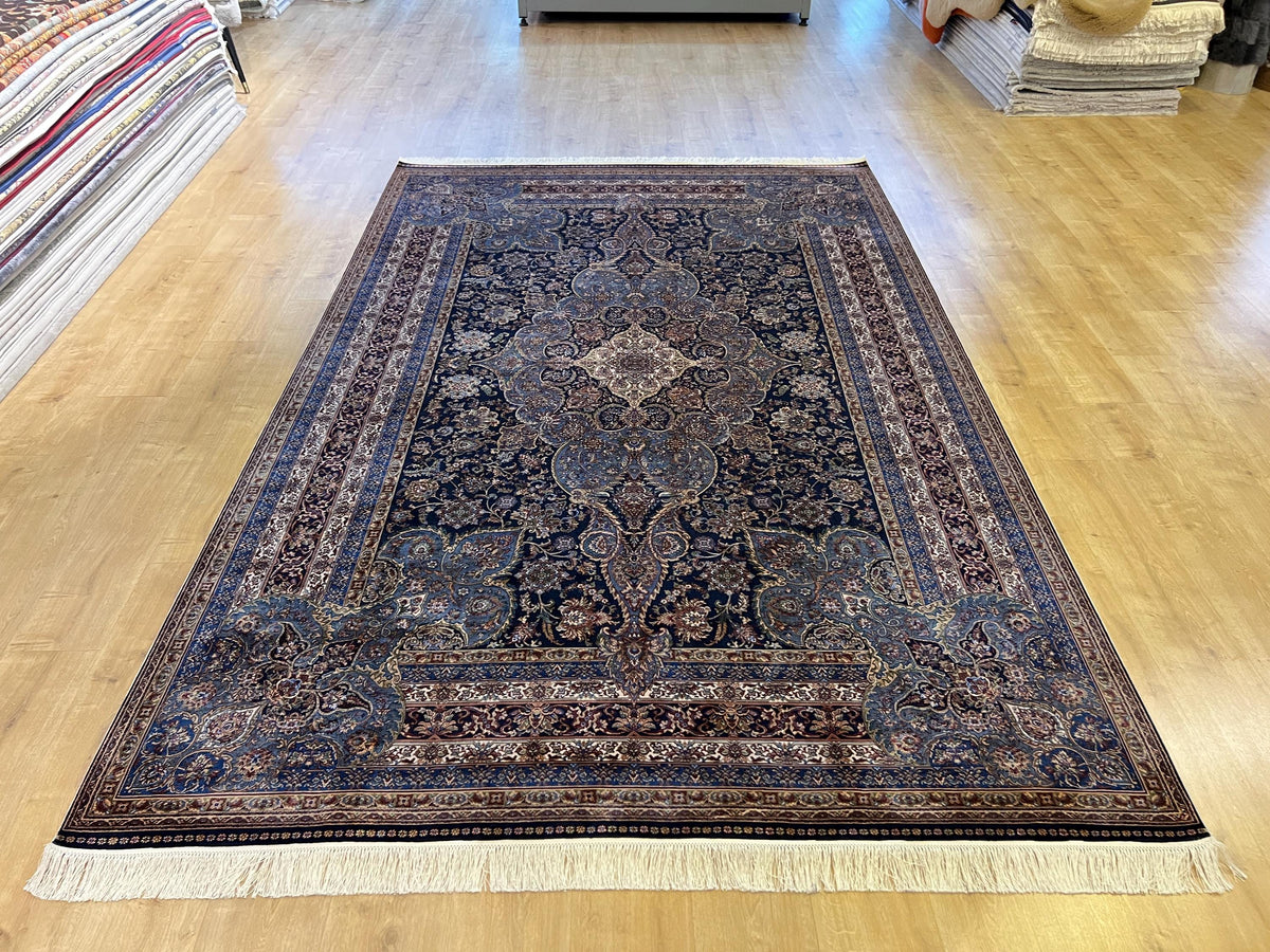 7x10 ft Dark Blue Silk Rug, Classic Medallion Design Silk Carpet, Luxury Home Decor