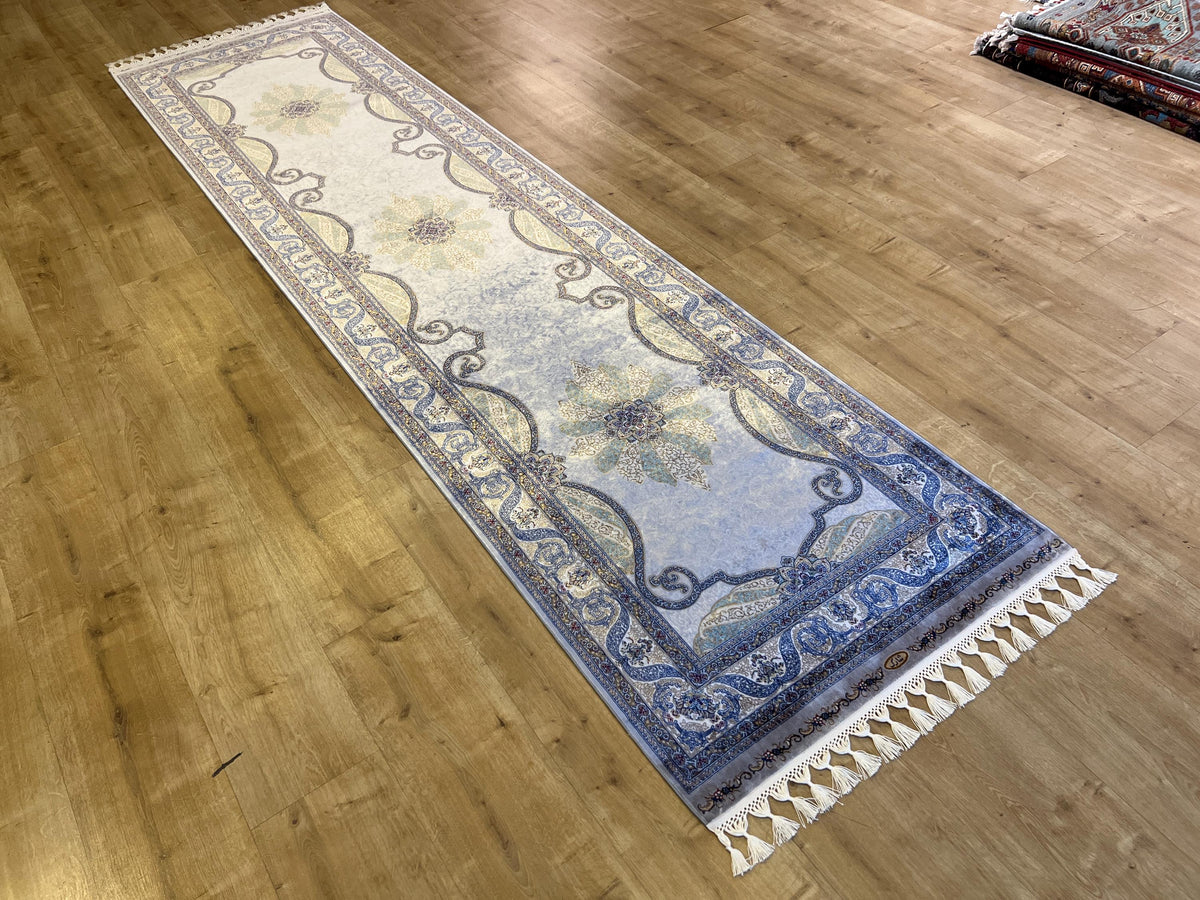 Gray Gold Medallion Silk Runner Rug, 3x10 ft, Classic Luxury Hallway Rug