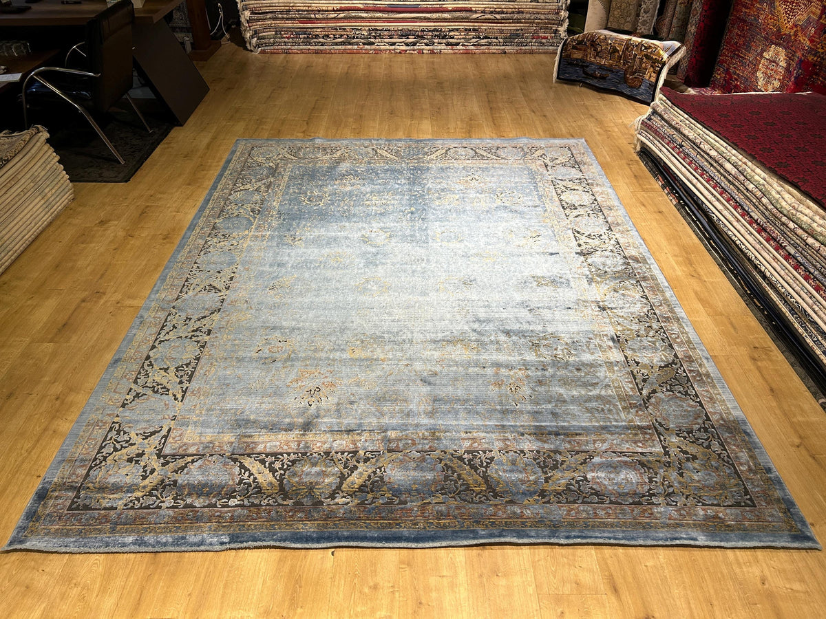 8x10 ft Blue Bamboo Rug, Distressed Pattern, Bordered Modern Rug