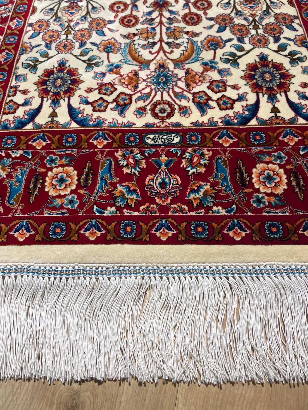 Cream Small Silk Rug, Red Bordered Floral Silk Mat, Luxury Home Decor