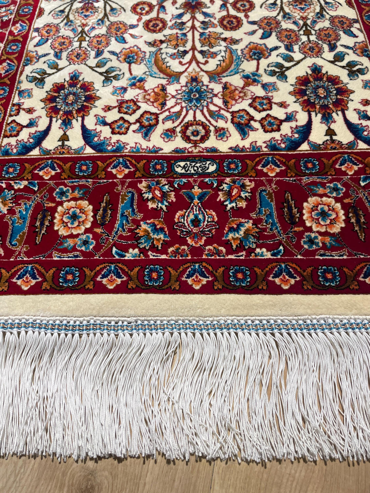 Cream Small Silk Rug, Red Bordered Floral Silk Mat, Luxury Home Decor