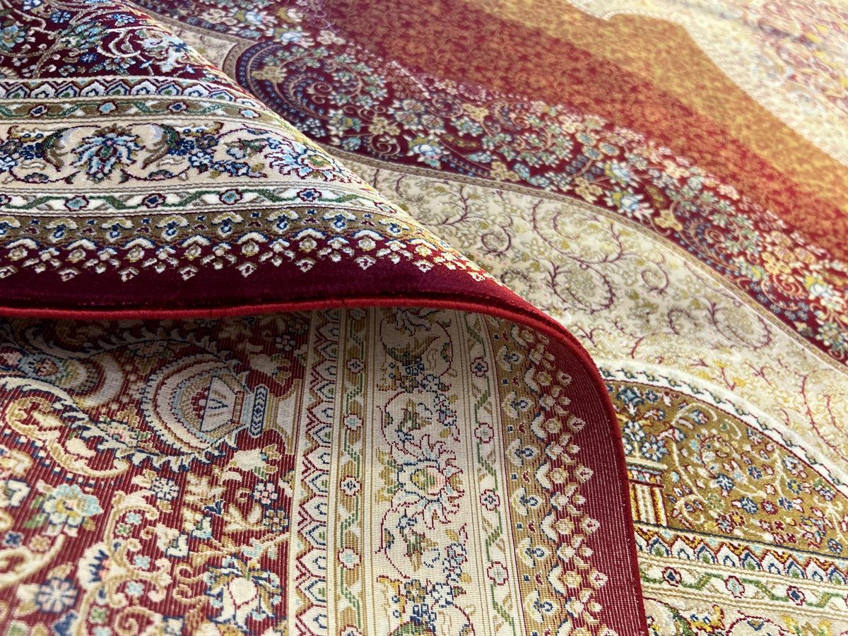 7x10 ft Red Modal Silk Rug, Ornate Medallion Floral Pattern, Luxury Turkish Large Carpet
