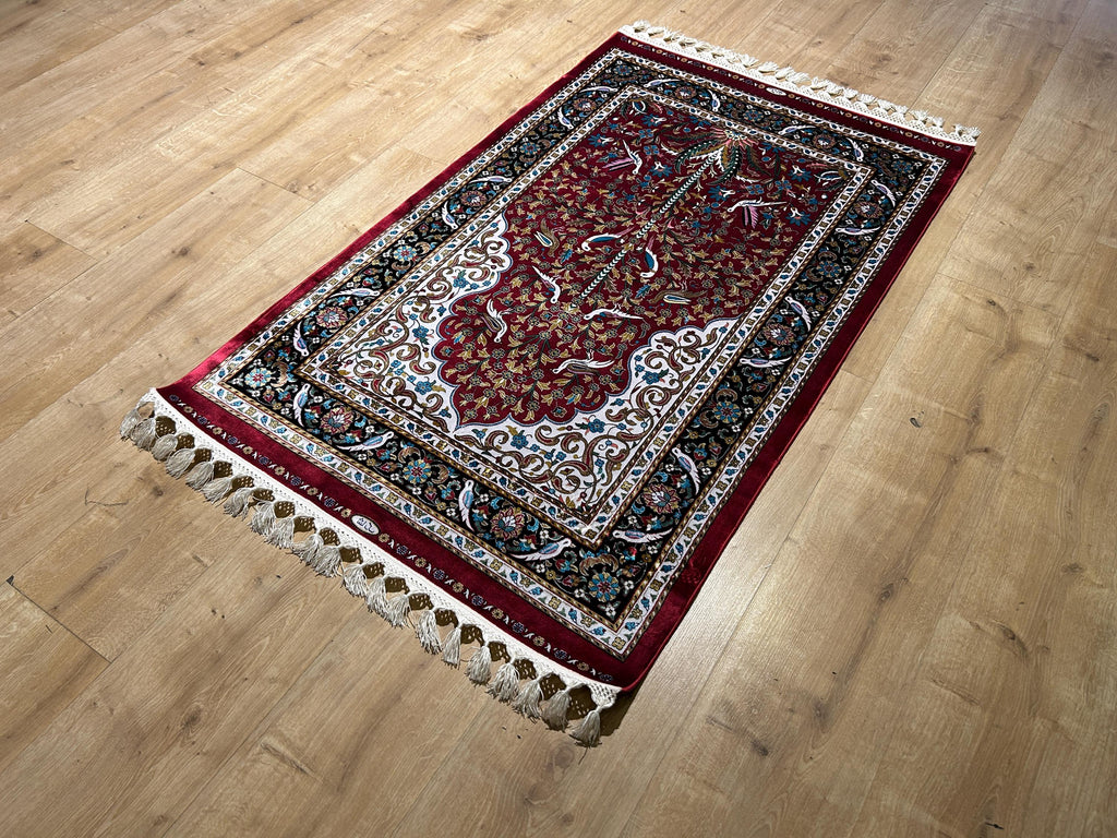 2.62x4.10 ft Red Silk Prayer Rug With Black Border, Floral and Bird Design Mat