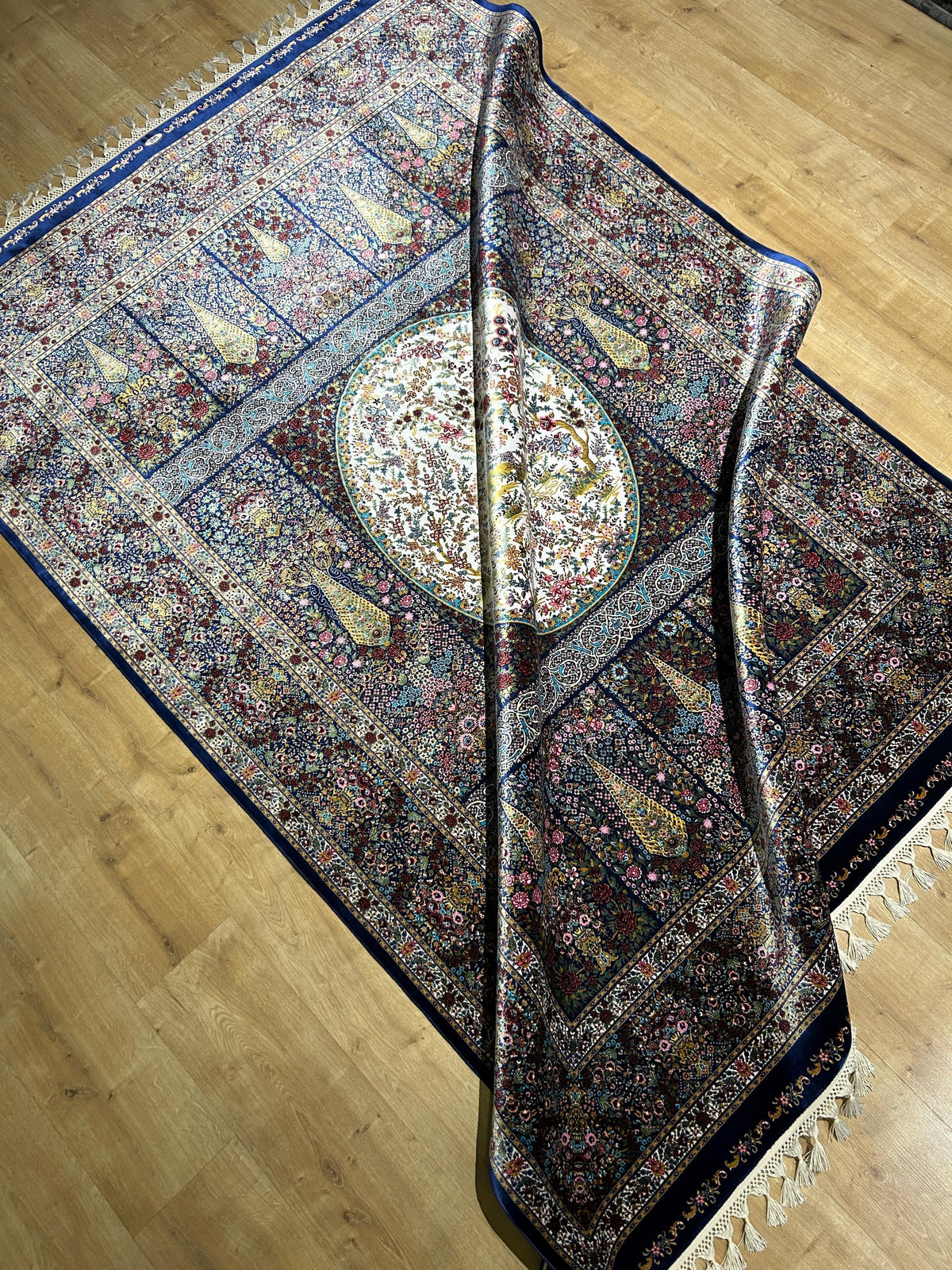 Navy Blue Floral Silk Rug, Tree Design Carpet, Luxury Classic Carpet