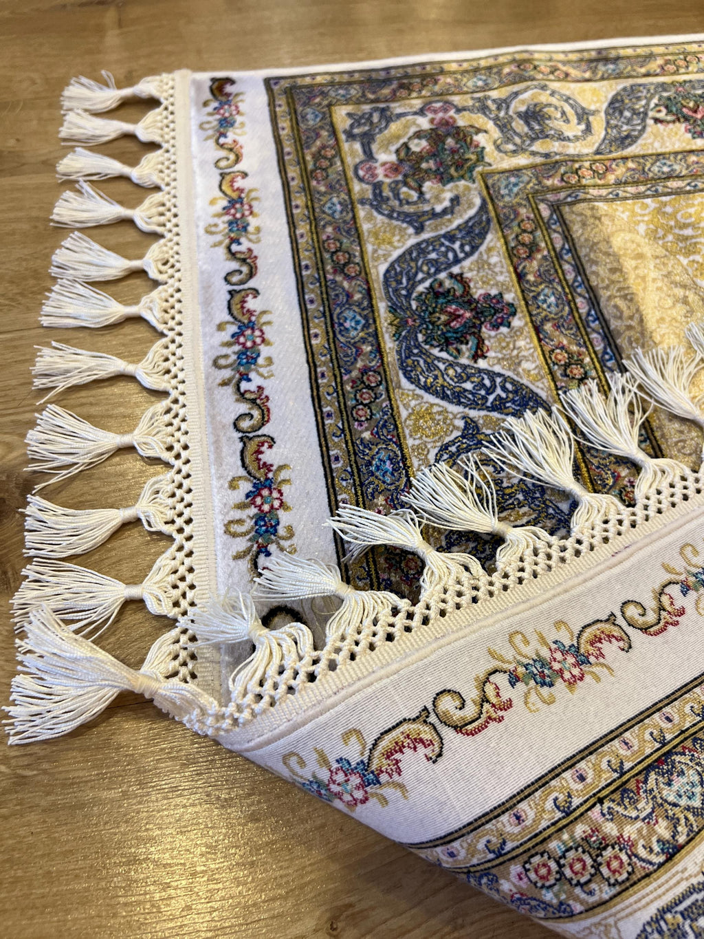 Ivory Silk Rug with Gold Medallion Pattern, Small Silk Carpet