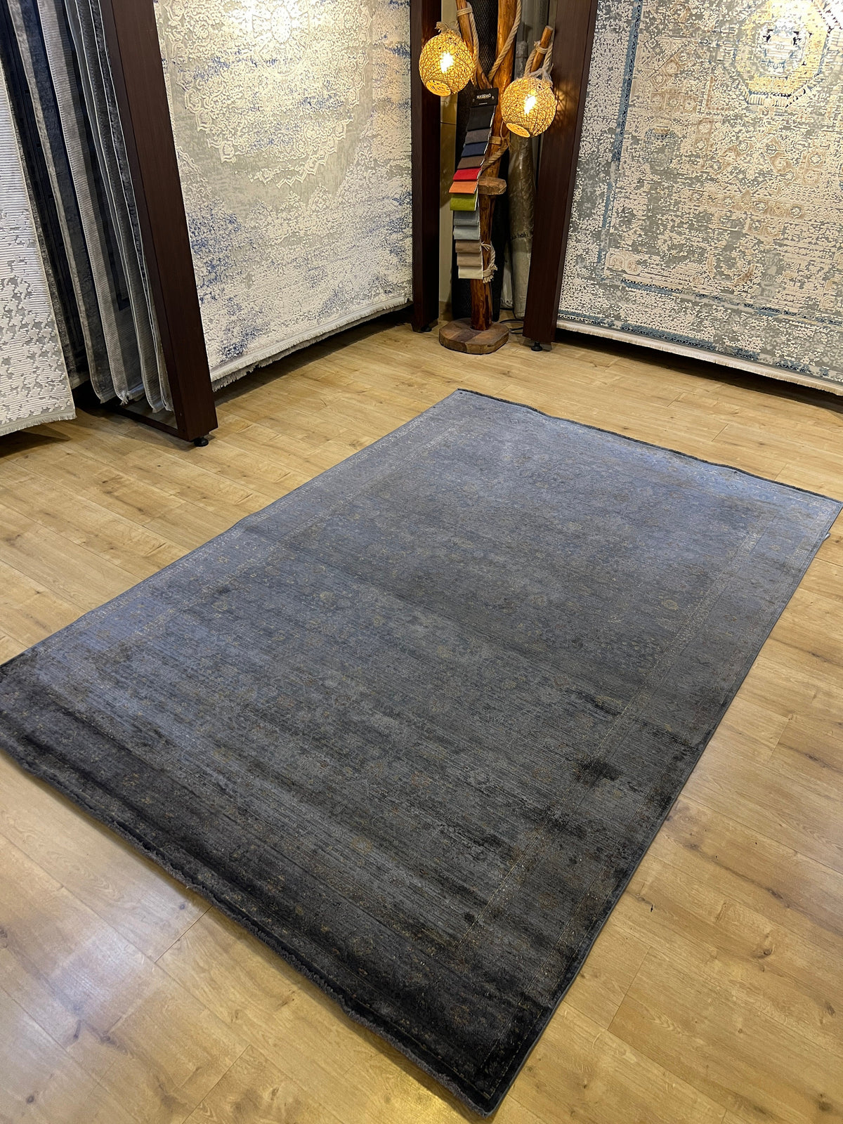Smoked Gray  Bamboo Rug, Distressed Pattern Traditional Rug, Luxury Home Decor