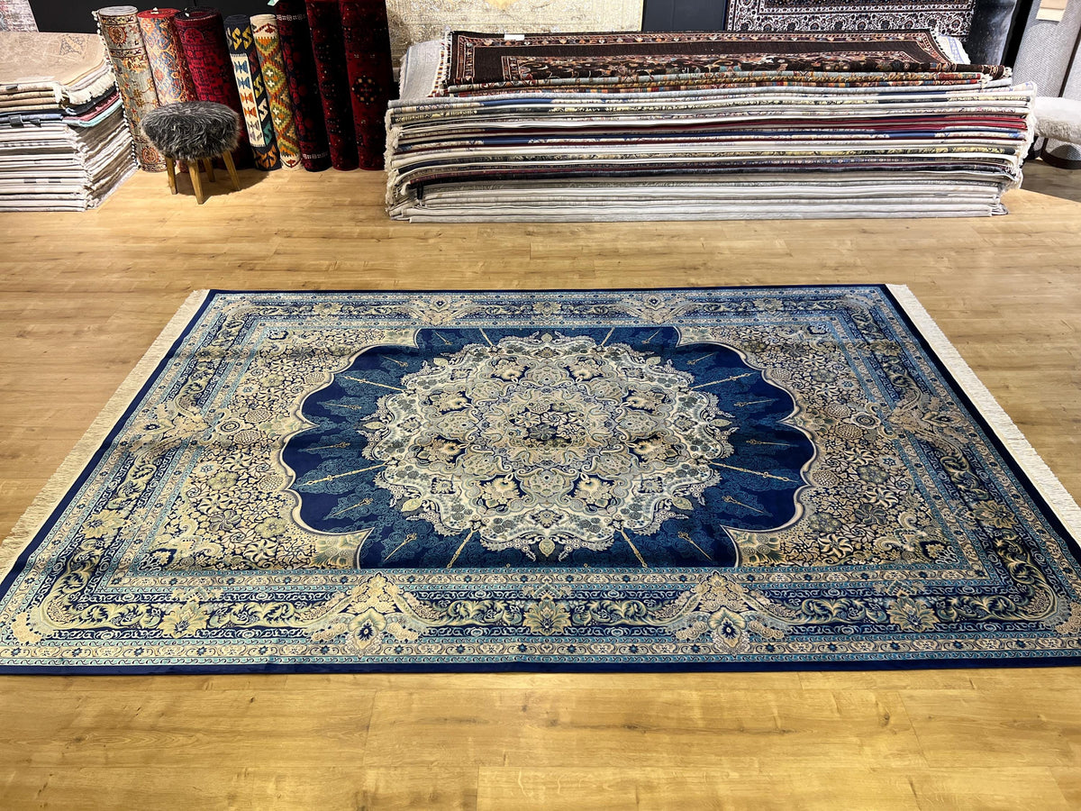7x10 ft Luxury Blue Silk Area Rug, Classic Medallion Style, Oversize Rug