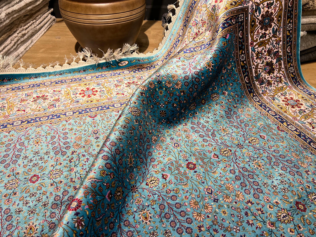 Blue Silk Rug, Floral Border Design, Turkish Style Carpet, Luxury Rug